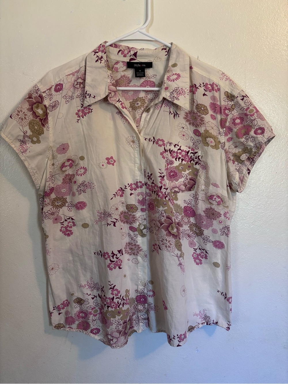 Style & Co. Pink and Cream Floral Short-Sleeve Button Top